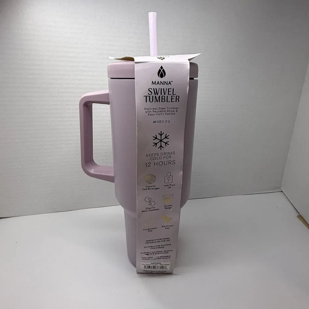 MANNA Easy Carry Handle Stainless Steel Tumbler Lilac 40 Oz Reusable Straw New